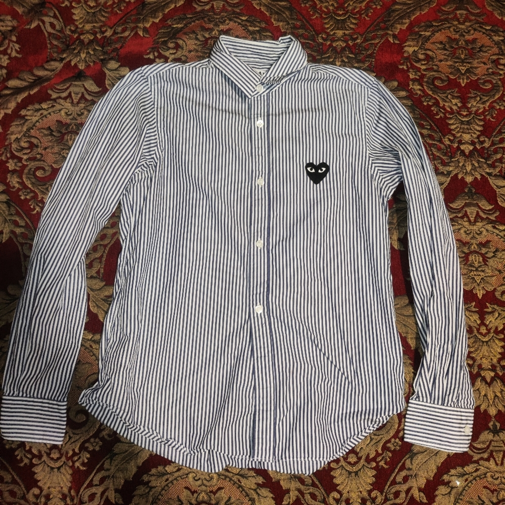 Comme Des Garçons Button Up Shirt with Black Embroidery and Navy Stripes